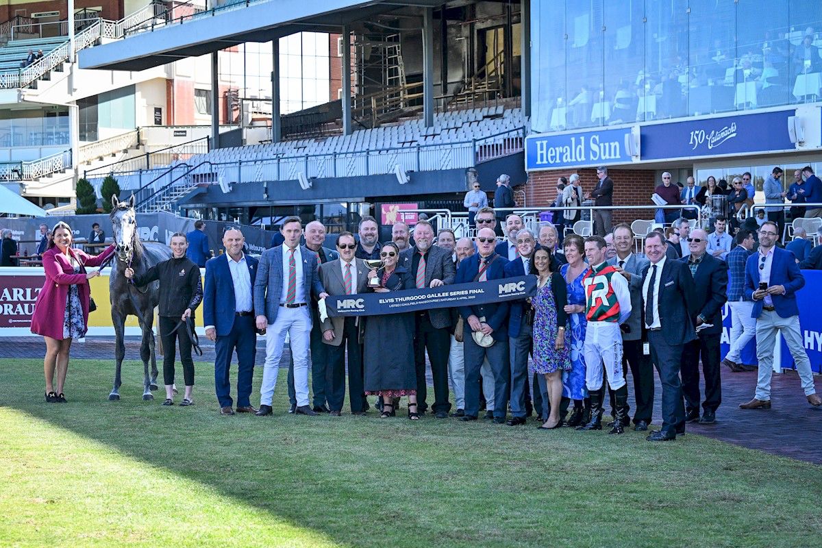 Statuario's owners celebrate his win in the Listed Elvis Thurgood Galilee Series Final